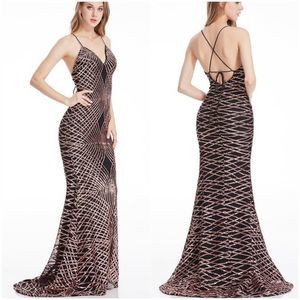 Angel Fashions rose gold copper black seguin tie open back formal gown dress L